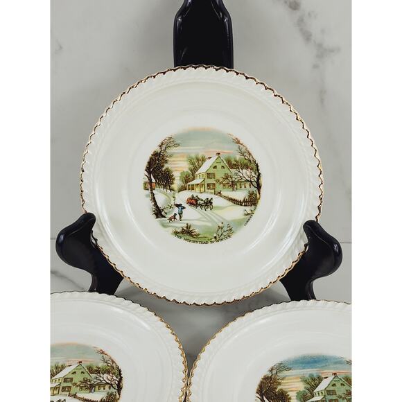 Harkerware Bread Plate Currier & Ives 6 1/4" Countryside Winter Scene USA x 5 - Picture 2 of 16